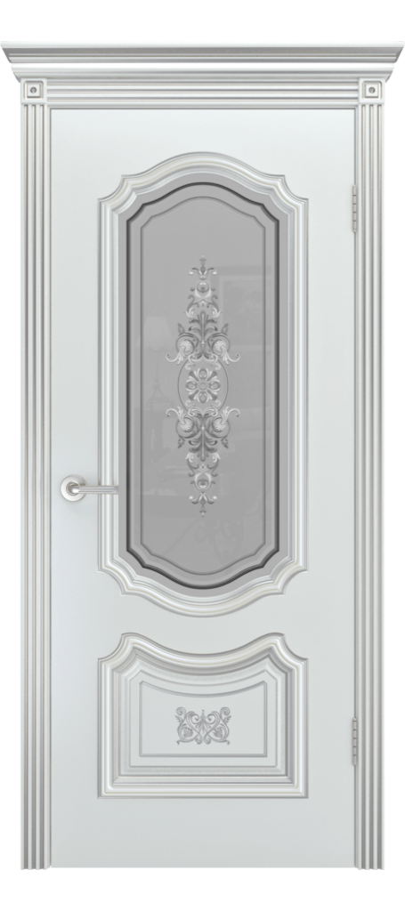 Межкомнатная дверь Соло R-0 B3 ДО - Белая эмаль, патина серебро