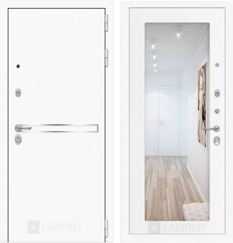Входная дверь Лайн WHITE с Зеркалом 18 - Белое дерево