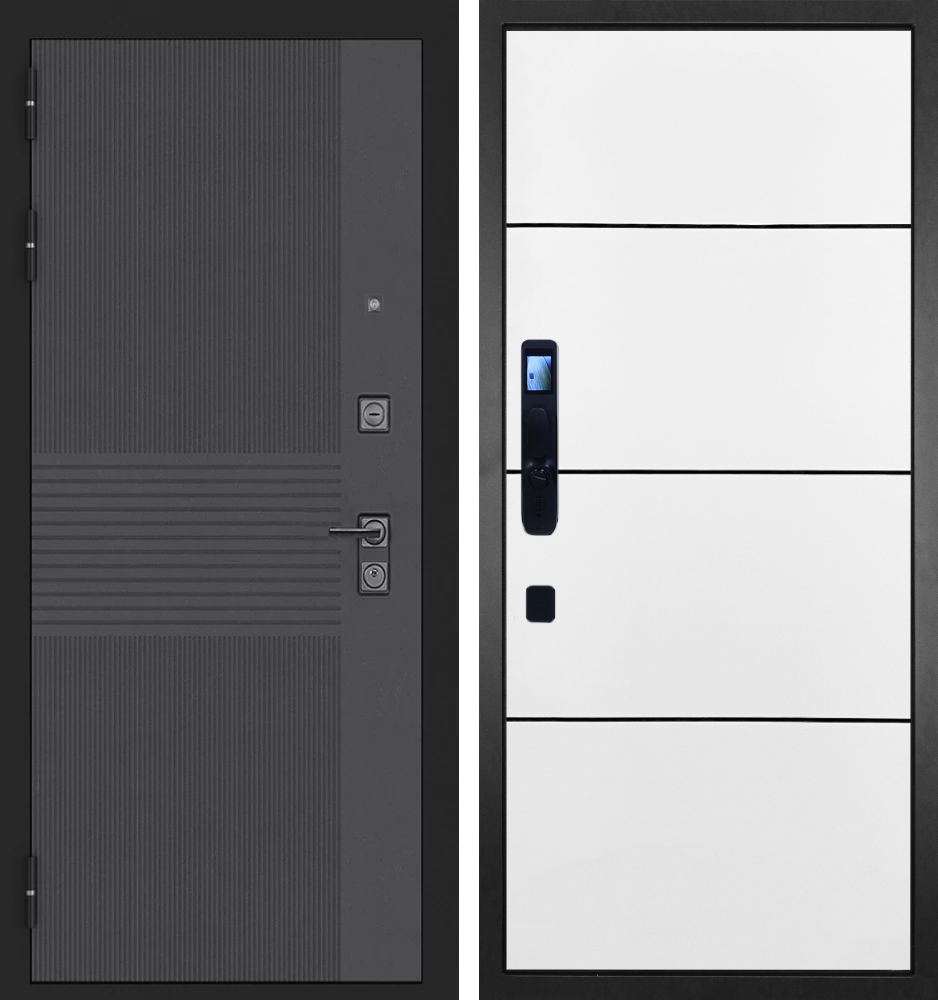 Входная дверь Гранит Гранж - 079 Белый софт, черный молдинг 12 мм