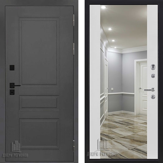 Входная дверь Сенатор плюс SOLID, цвет cерый нубук soft, панель - Зеркало infinity цвет Белый