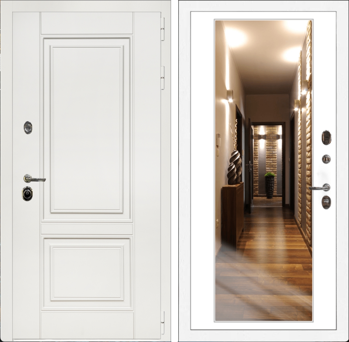 Входная дверь Афина Белая / Зеркало белый софт