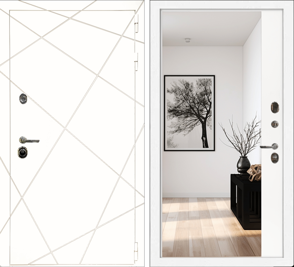 Входная дверь Эстет Белый / Зеркало панорама Белая матовая