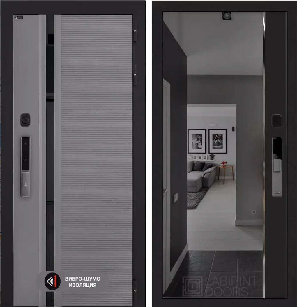 Входная дверь Пиано Смарт 2.0 с зеркалом (тонированное) Панорама - Черный кварц