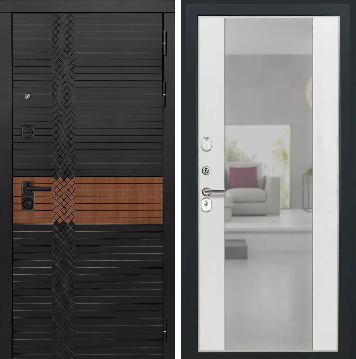 Входная дверь Модель L - 49 - Алиса (16мм, ПВХ ясень белый, зеркало)