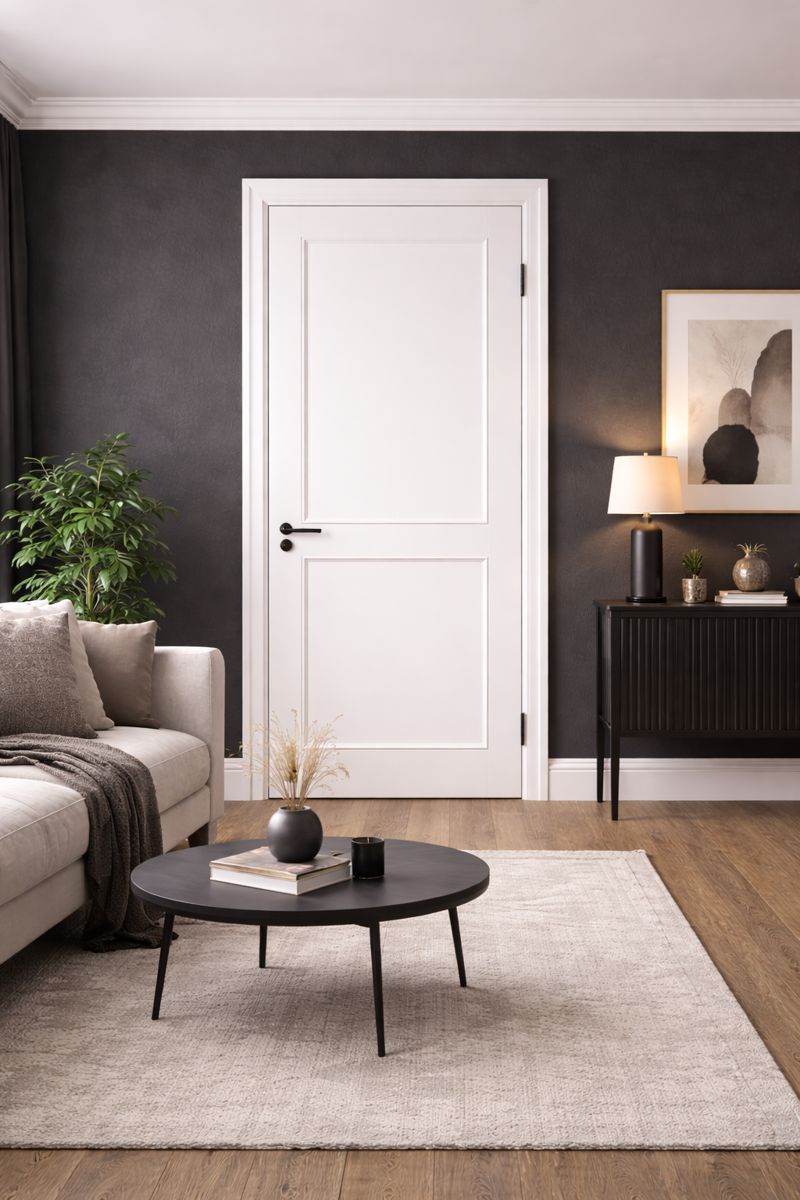Белые двери в интерьере с тёмными стенами