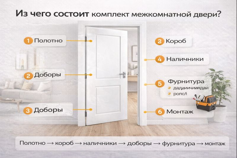 Из чего состоит комплект межкомнатной двери: полотно, коробка, наличники, доборы, фурнитура и монтаж