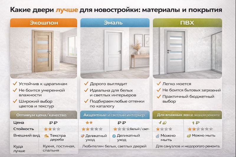 Сравнение покрытий дверей для новостройки: экошпон, эмаль и ПВХ